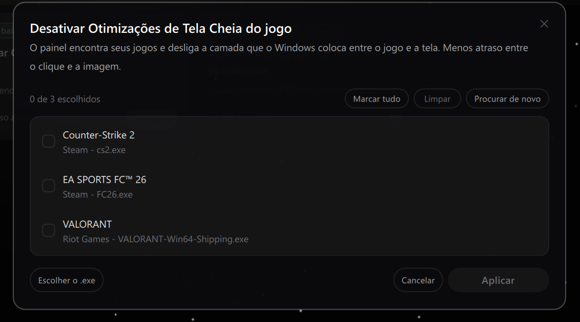 Tela de escolha do painel F4 Tweaks: o painel encontrou Counter-Strike 2, EA SPORTS FC 26 e VALORANT instalados, com o executável de cada um, e uma caixa de marcação para escolher em quais aplicar o ajuste.